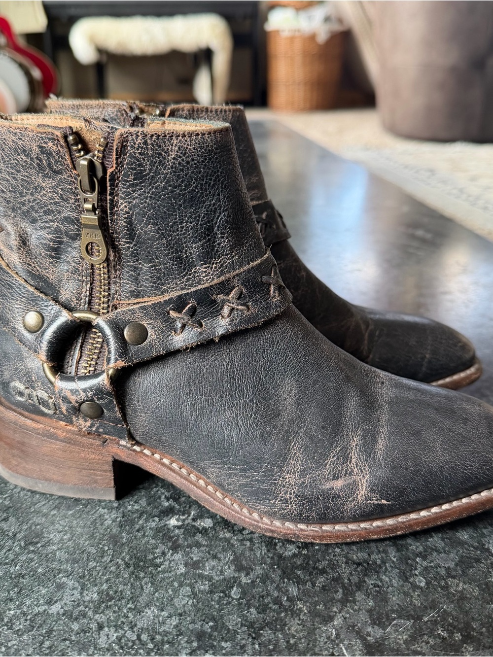 Bed Stu Winslet Womens Rustic Charcoal Leather Zipper Harness Ankle Booties 6.5